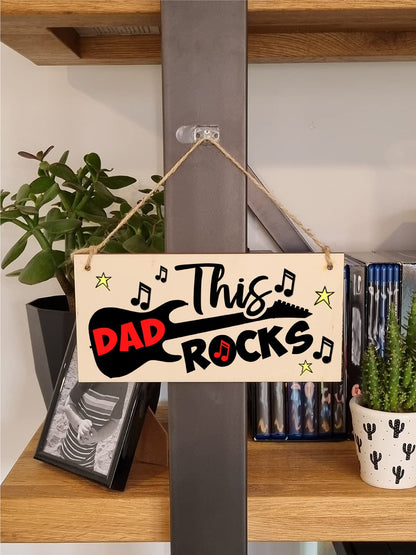 The Plum Penguin Handmade Wooden Hanging Wall Plaque This Dad Rocks Fun Guitar Music Novelty Sign Man Cave Office