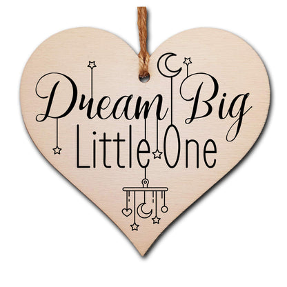 The Plum Penguin Handmade Wooden Hanging Heart Plaque Gift Dream Big Little One new baby present nursery wall decoration new parents