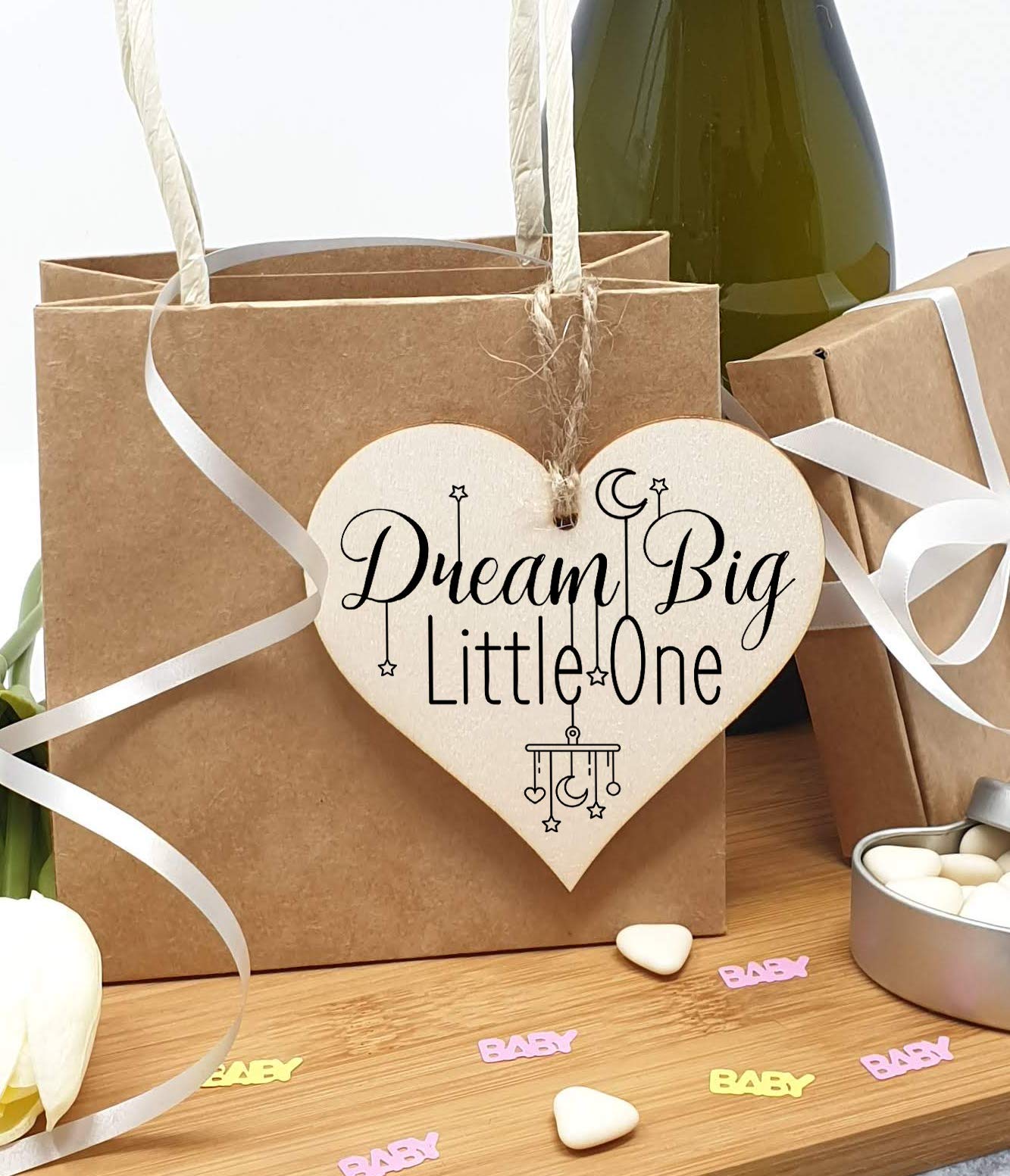 The Plum Penguin Handmade Wooden Hanging Heart Plaque Gift Dream Big Little One new baby present nursery wall decoration new parents