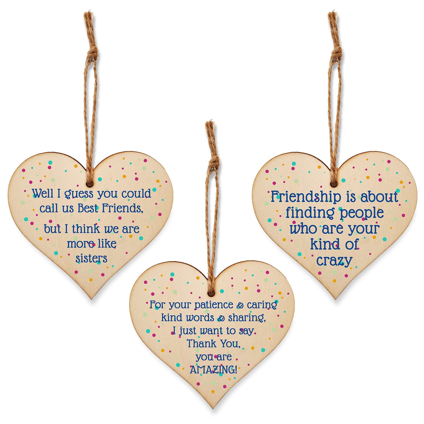 The Plum Penguin Set of 3 Hanging Decorations Wooden Hearts Friendship Gifts or BFF Besties | Caring & Kind | Your Kind of Crazy | More Like Sisters