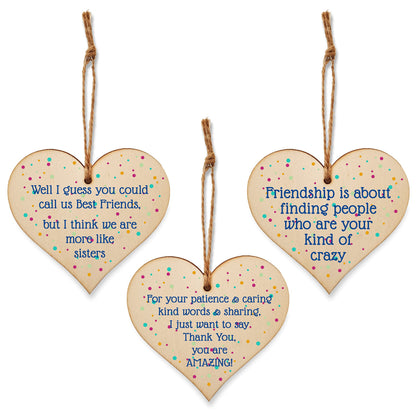 The Plum Penguin Set of 3 Hanging Decorations Wooden Hearts Friendship Gifts or BFF Besties | Caring & Kind | Your Kind of Crazy | More Like Sisters