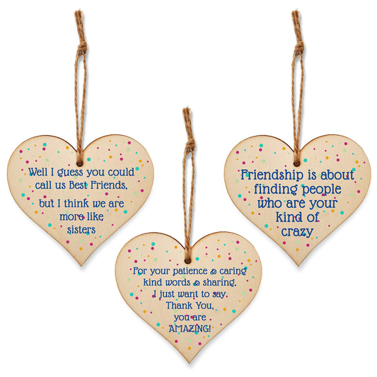 The Plum Penguin Set of 3 Hanging Decorations Wooden Hearts Friendship Gifts or BFF Besties | Caring & Kind | Your Kind of Crazy | More Like Sisters