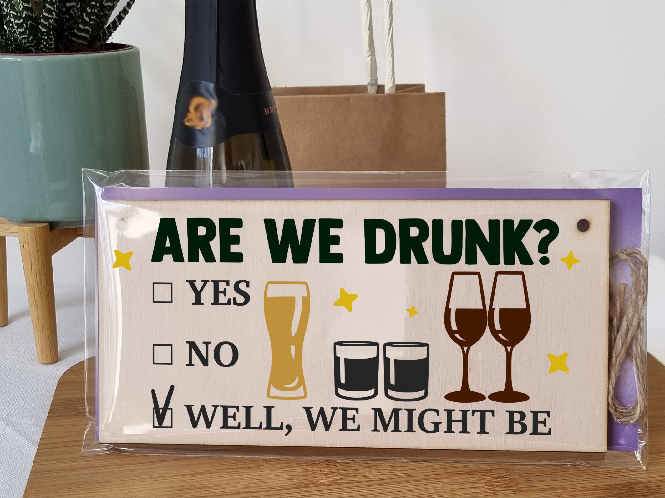 The Plum Penguin Are We Drunk? Might Be Funny Novelty Handmade Wooden Hanging Wall Plaque Gift Home Bar Man Cave Sign Decoration