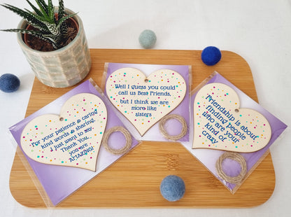The Plum Penguin Set of 3 Hanging Decorations Wooden Hearts Friendship Gifts or BFF Besties | Caring & Kind | Your Kind of Crazy | More Like Sisters