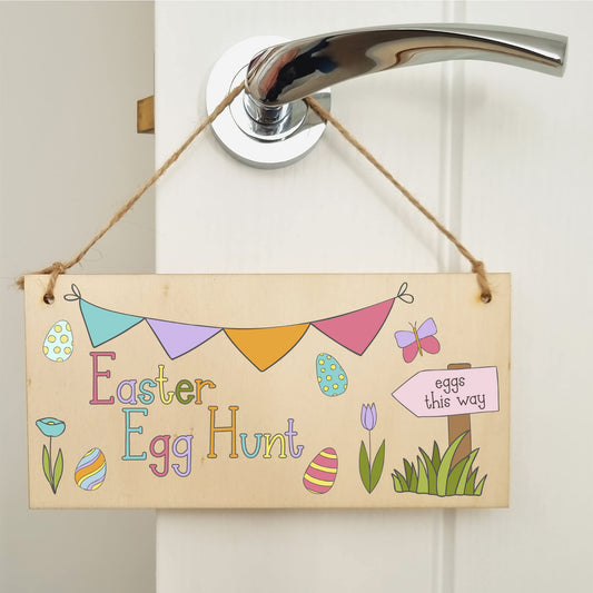 The Plum Penguin Handmade Wooden Hanging Wall Plaque Easter Egg Hunt Cute Fun Kids Easter Sign Garden Kitchen Decoration