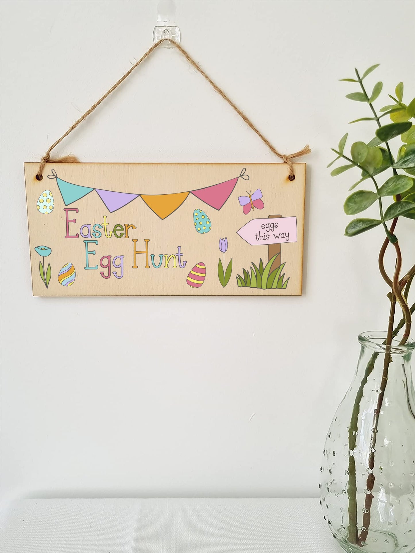 The Plum Penguin Handmade Wooden Hanging Wall Plaque Easter Egg Hunt Cute Fun Kids Easter Sign Garden Kitchen Decoration