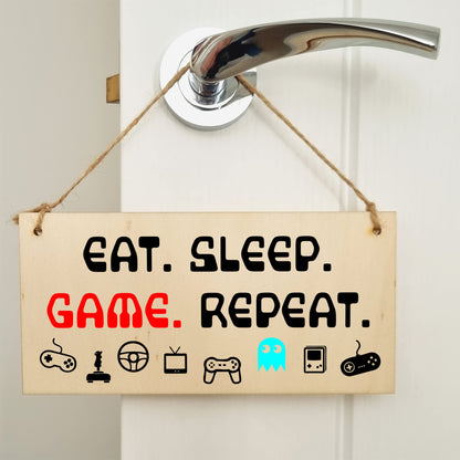 The Plum Penguin Handmade Wooden Hanging Wall Plaque Eat Sleep Game Repeat Fun Novelty Gamer Gift Computer Game Fans Man Cave
