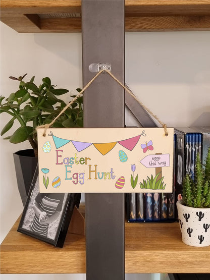 The Plum Penguin Handmade Wooden Hanging Wall Plaque Easter Egg Hunt Cute Fun Kids Easter Sign Garden Kitchen Decoration