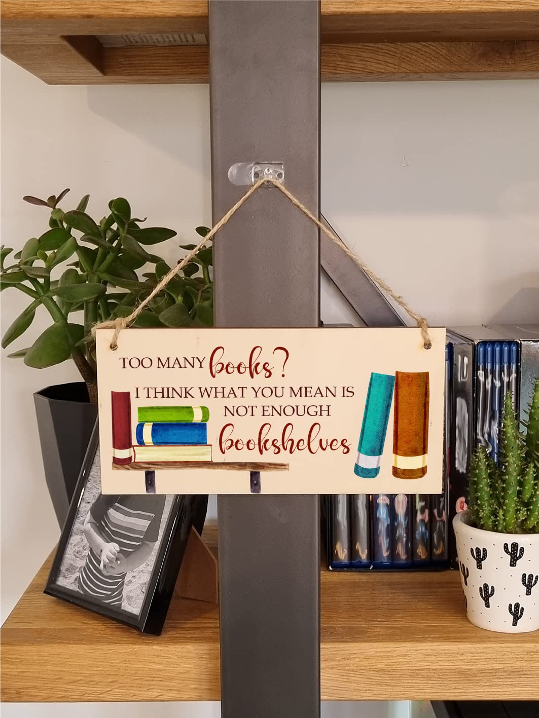 The Plum Penguin Handmade Wooden Hanging Wall Plaque Too Many Books Not Enough Bookshelves Funny Sign Gift for Book Lovers
