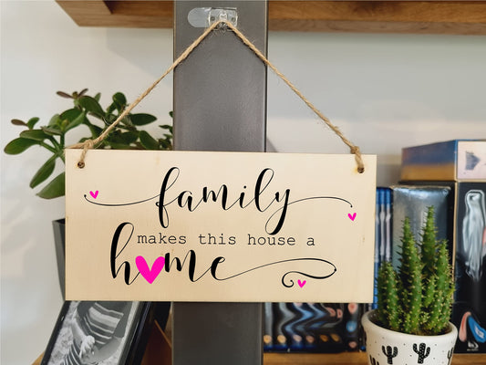 The Plum Penguin Handmade Wooden Hanging Wall Plaque Family Makes this Houose a Home Decorative Sentimental Sign Gift Family