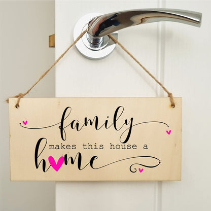 The Plum Penguin Handmade Wooden Hanging Wall Plaque Family Makes this Houose a Home Decorative Sentimental Sign Gift Family