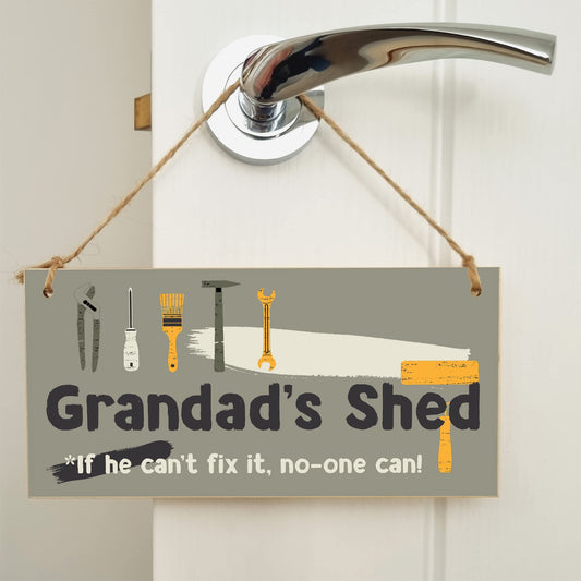 The Plum Penguin Handmade Wooden Hanging Wall Plaque Grandad's Shed If He Can't Fix It No One Can Funny Novelty Sign Shed Man Cave