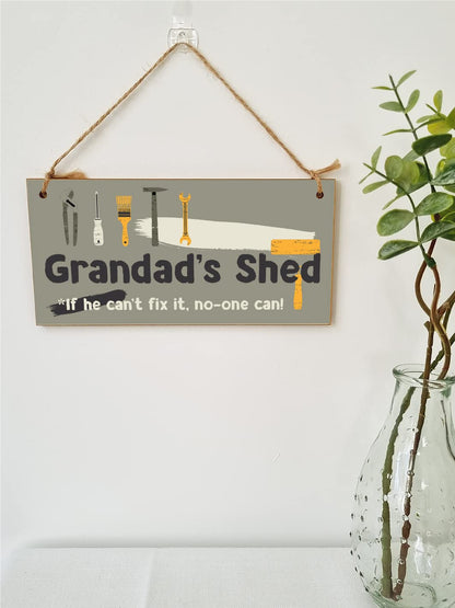 The Plum Penguin Handmade Wooden Hanging Wall Plaque Grandad's Shed If He Can't Fix It No One Can Funny Novelty Sign Shed Man Cave
