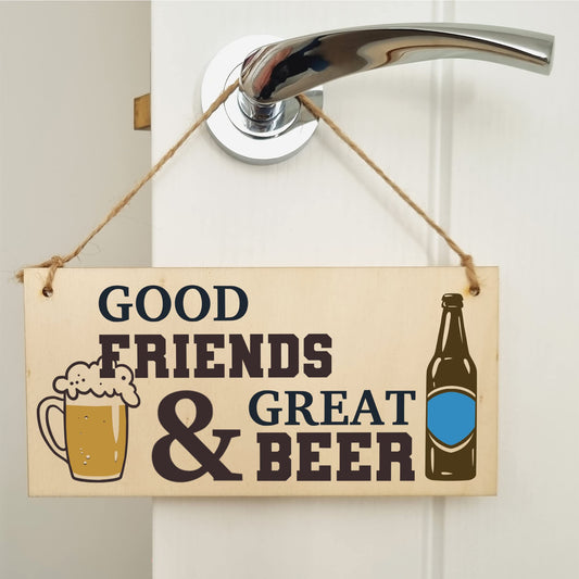 The Plum Penguin Good Friends Great Beer Funny Novelty Handmade Wooden Hanging Wall Plaque Gift Home Bar Man Cave Sign Decoration