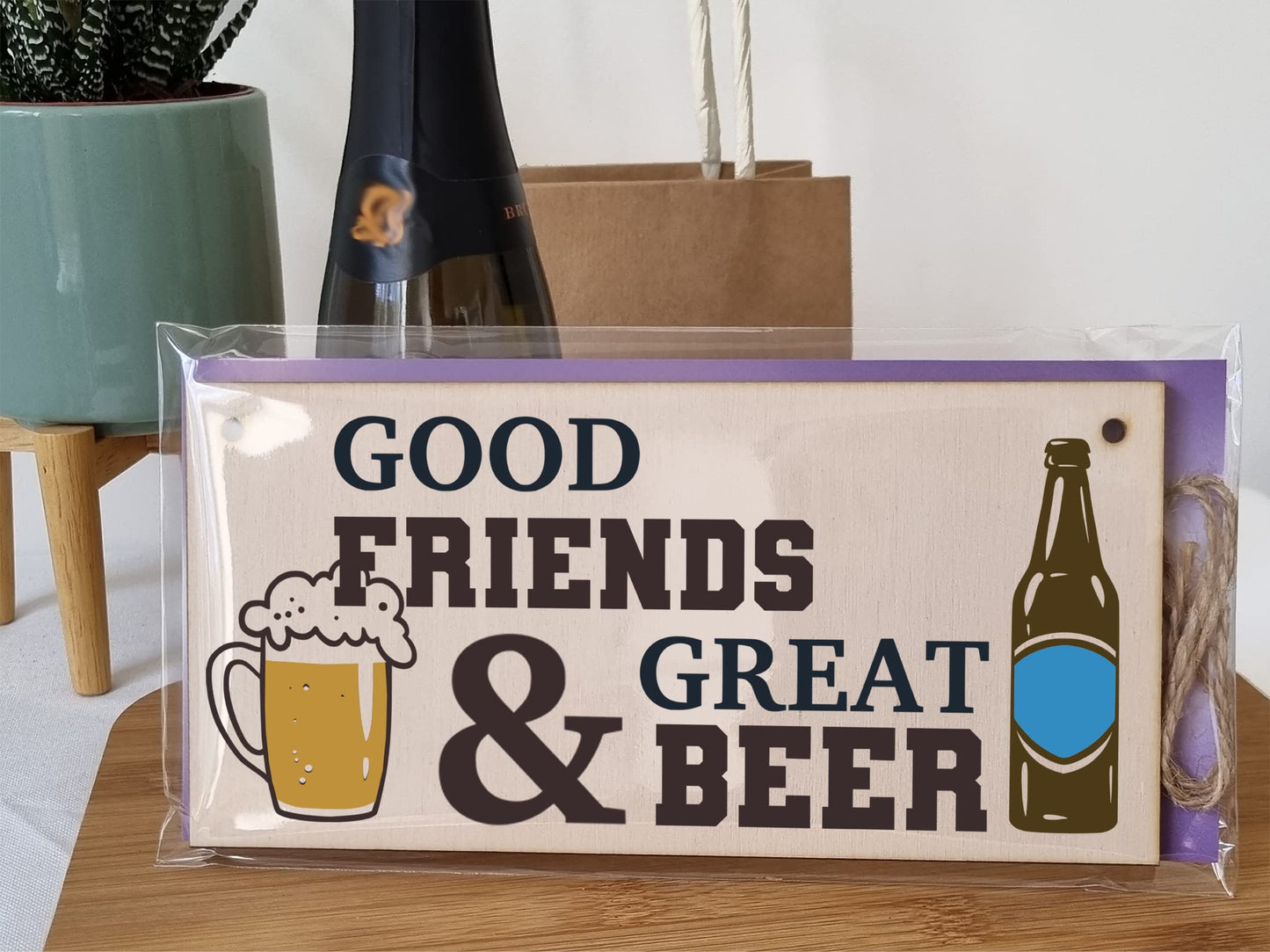 The Plum Penguin Good Friends Great Beer Funny Novelty Handmade Wooden Hanging Wall Plaque Gift Home Bar Man Cave Sign Decoration