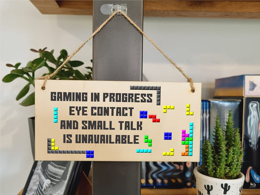 The Plum Penguin Handmade Wooden Hanging Wall Plaque Gaming In Progress Novelty Gift Gamers Computer Game Fans Man Cave Sign