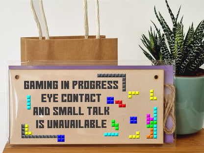 The Plum Penguin Handmade Wooden Hanging Wall Plaque Gaming In Progress Novelty Gift Gamers Computer Game Fans Man Cave Sign