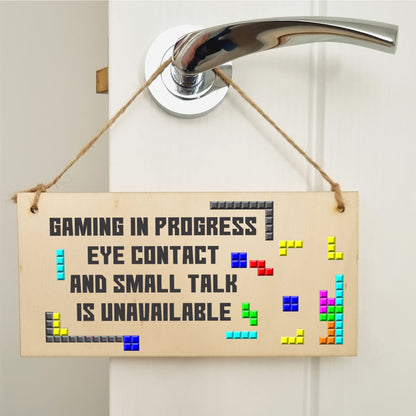 The Plum Penguin Handmade Wooden Hanging Wall Plaque Gaming In Progress Novelty Gift Gamers Computer Game Fans Man Cave Sign