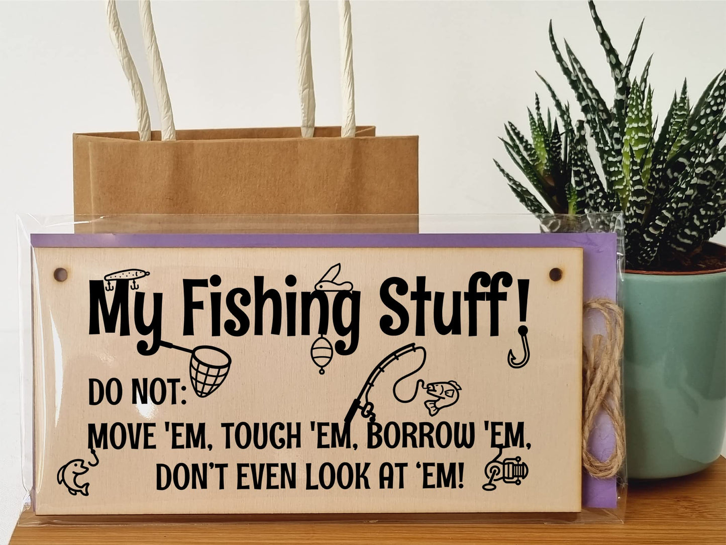 The Plum Penguin Handmade Wooden Hanging Wall Plaque My Fishing Stuff Don't Touch Funny Sign for Keen Anglers Shed Sign