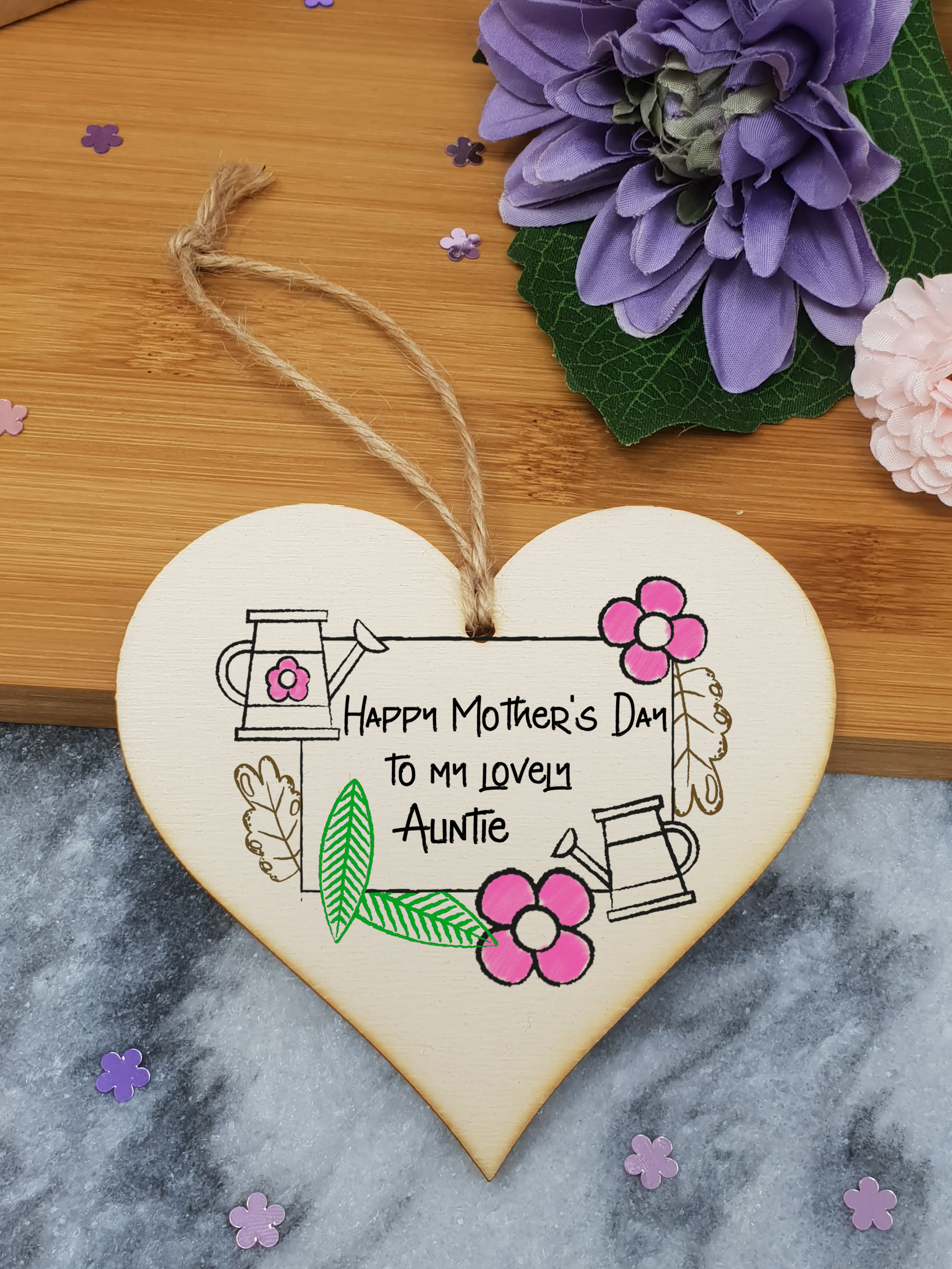 Handmade Wooden Hanging Heart Plaque Mother's Day Gift perfect for lovely Aunties special keepsake card alternative from niece nephew gardening flowers wall hanger for special auntie