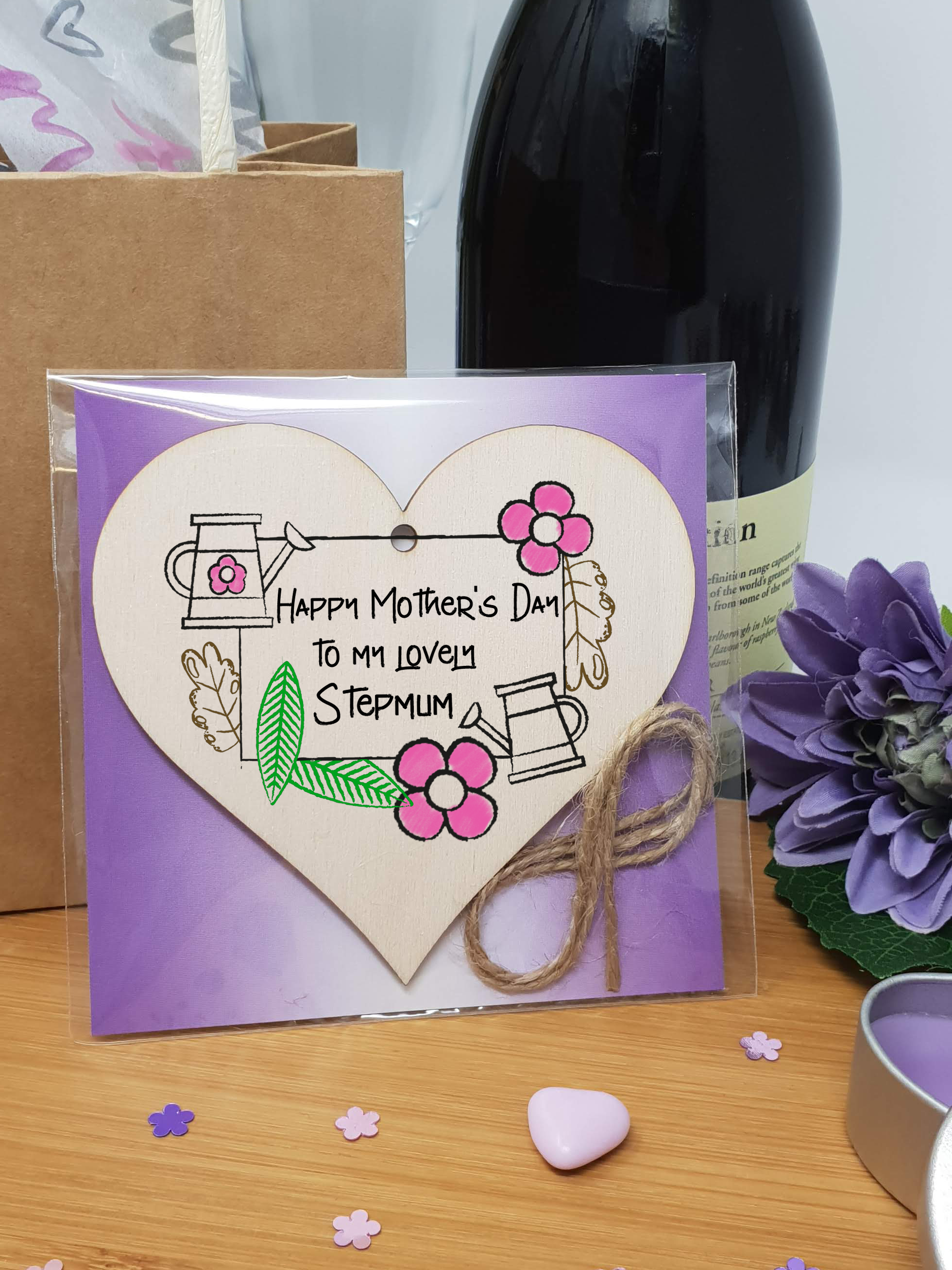 Handmade Wooden Hanging Heart Plaque Mother's Day Gift perfect for lovely Stepmums special keepsake card alternative from stepchildren gardening flowers wall hanger for special step parent