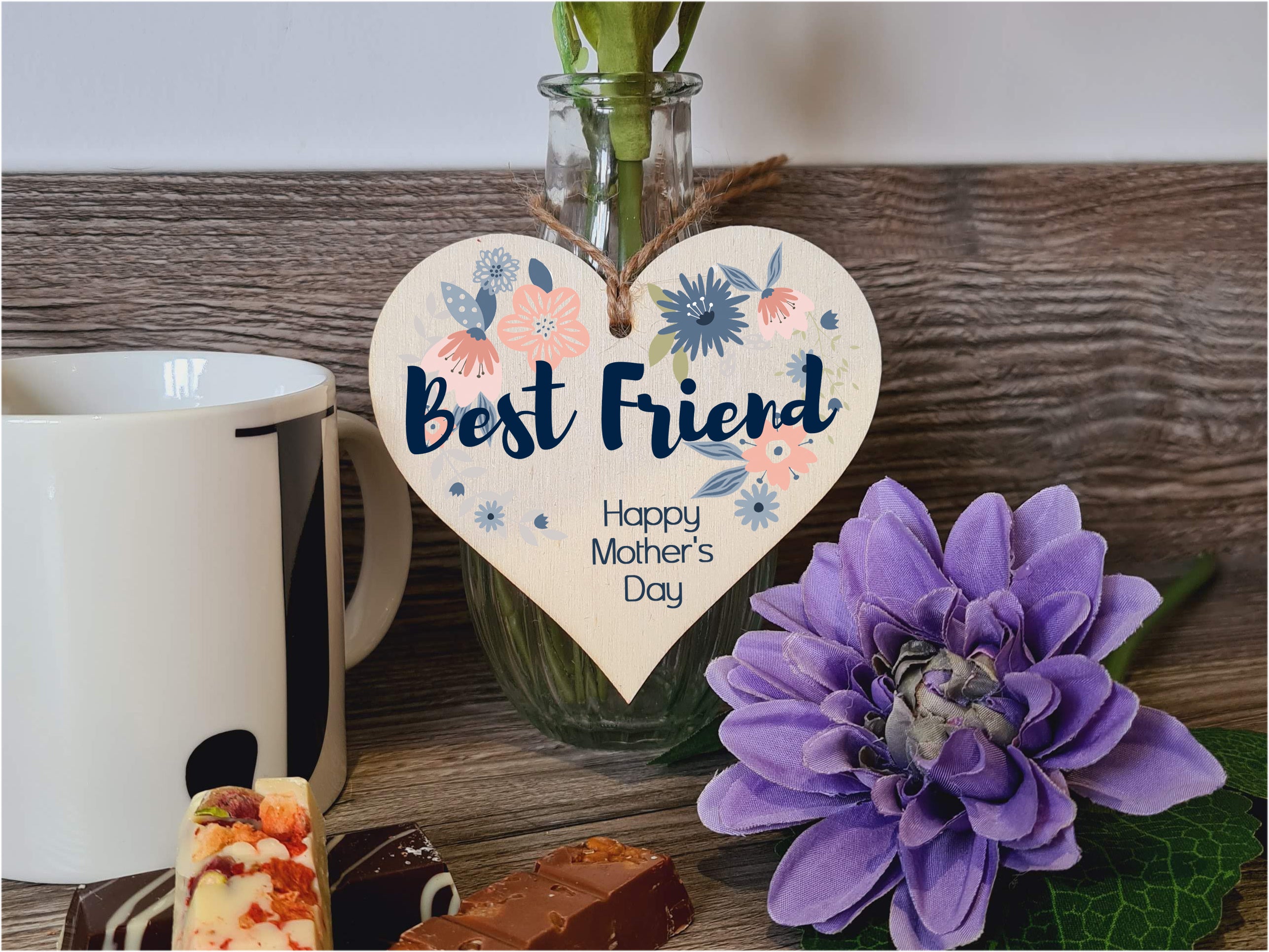 Handmade Wooden Hanging Heart Plaque Mother's Day Gift perfect for Best Friend stylish floral celebration card alternative from best friend beautiful thoughtful keepsake
