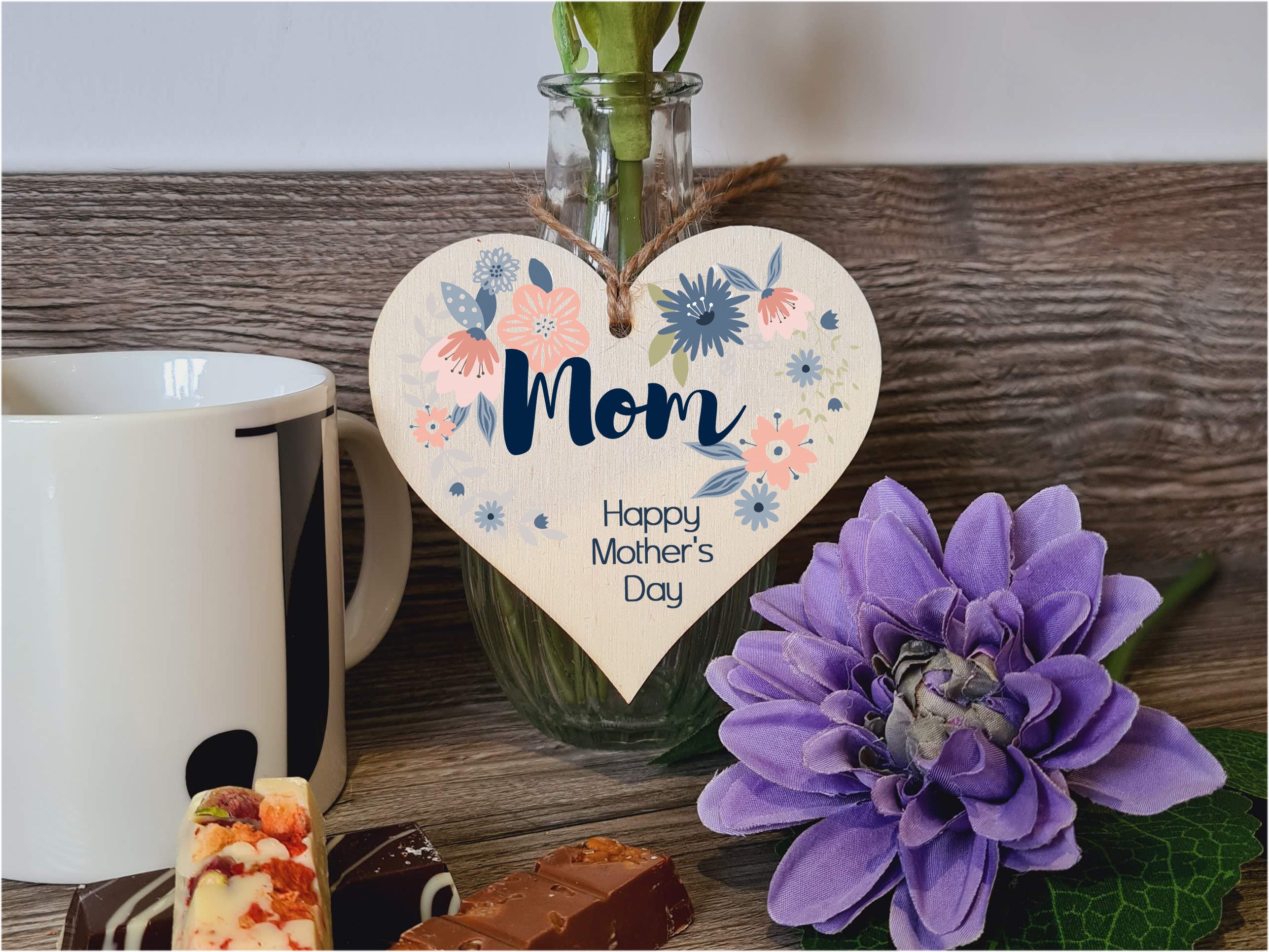 Handmade Wooden Hanging Heart Plaque Mother's Day Gift perfect for Mom stylish floral celebration card alternative from daughter son children beautiful thoughtful keepsake