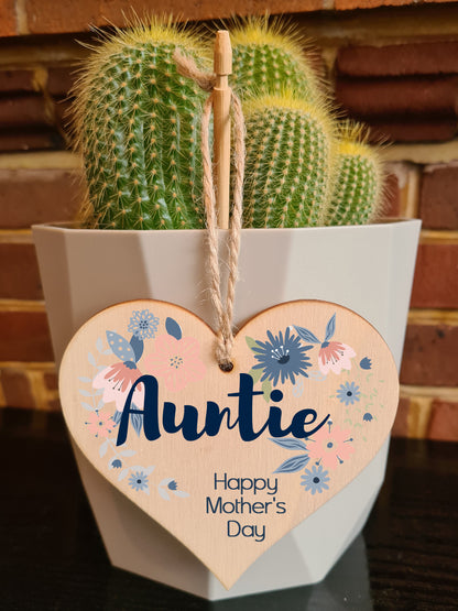Handmade Wooden Hanging Heart Plaque Mother's Day Gift perfect for Auntie stylish floral celebration card alternative from niece nephew beautiful thoughtful keepsake