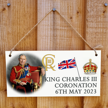 King Charles III Coronation Hanging Wooden Plaque 6th May 2023 Decorations Celebration Party Bunting Alternative Keepsake Royal Memorabilia