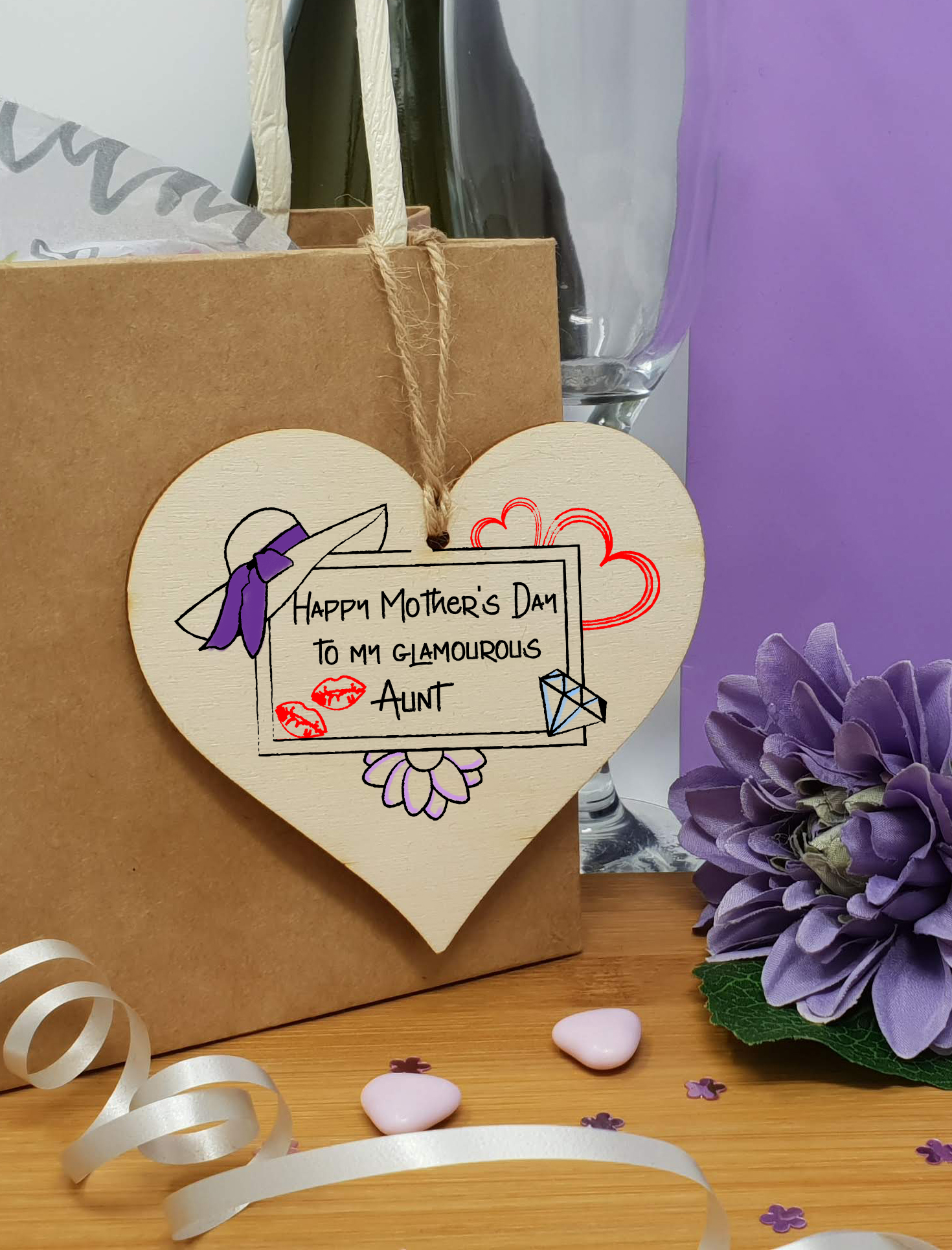 Handmade Wooden Hanging Heart Plaque Mother's Day Gift perfect for glamourous stylish Aunts special keepsake card alternative from niece nephew wall hanger for special auntie