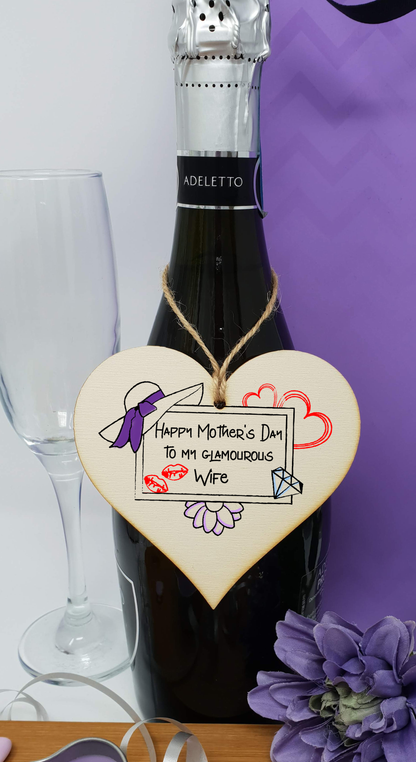 Handmade Wooden Hanging Heart Plaque Mother's Day Gift perfect for glamourous stylish Wifes special keepsake card alternative wall hanger for special wife