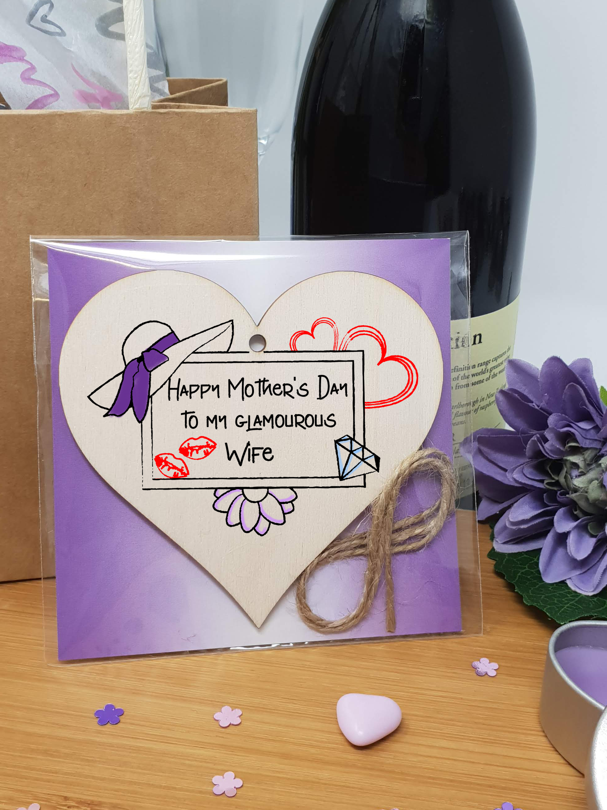 Handmade Wooden Hanging Heart Plaque Mother's Day Gift perfect for glamourous stylish Wifes special keepsake card alternative wall hanger for special wife