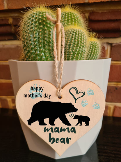 Handmade Wooden Hanging Heart Plaque Mother's Day Gift perfect for mama bears from their little bears fun keepsake cute fun mum and cubs paw prints card alternative from children