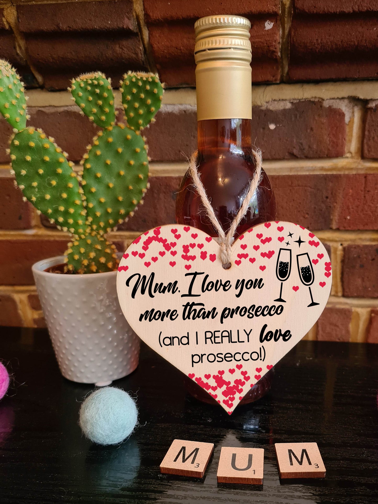 Handmade Wooden Hanging Heart Plaque Mother's Day Gift Mum I love you more than Prosecco Really love Prosecco novelty alcohol boozy funny keepsake wall hanger card alternative