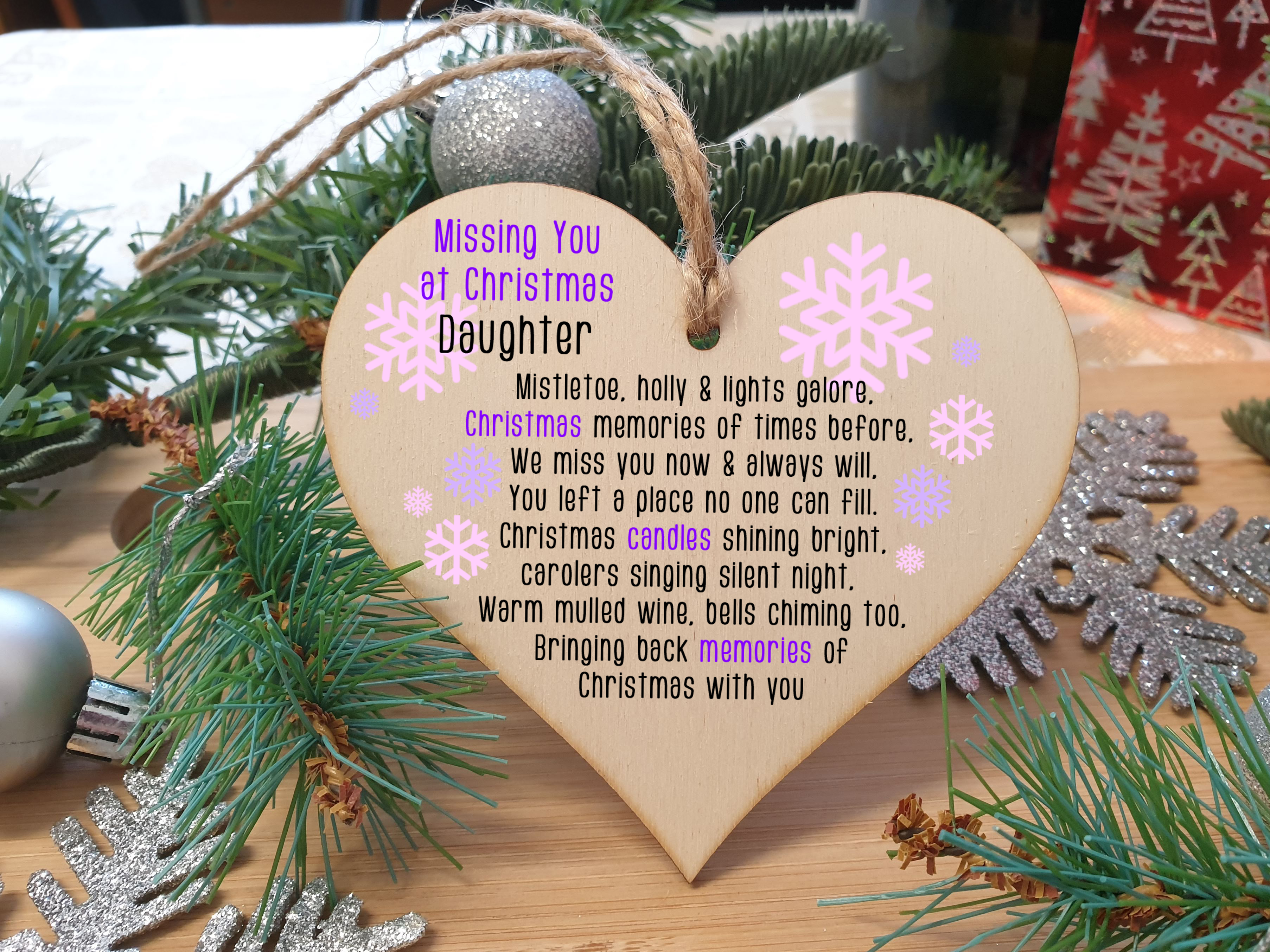 Handmade Wooden Christmas Hanging Heart Plaque Gift Missing you at Xmas sentimental rememberance present tree decoration pink snowflakes lost loved ones