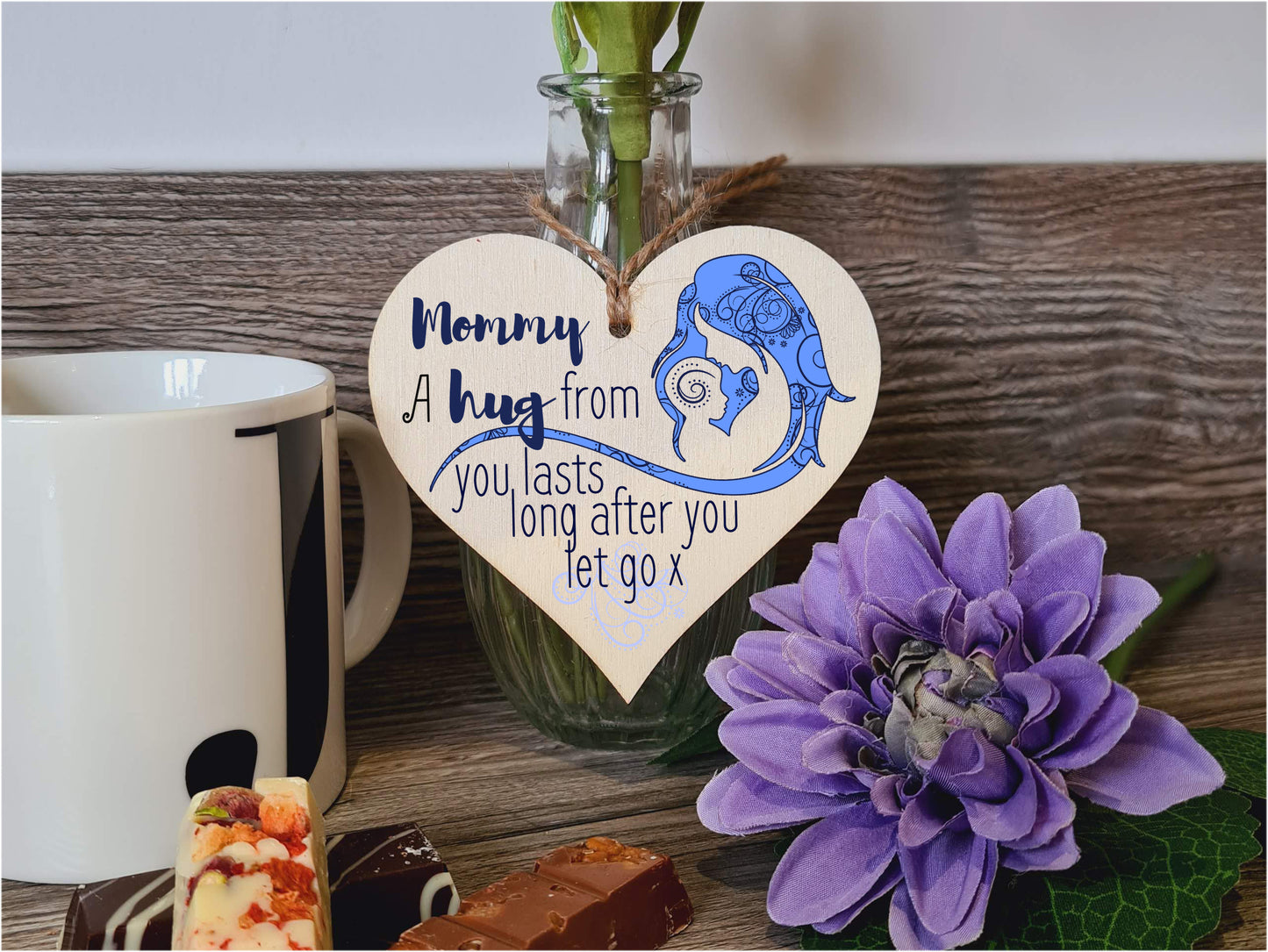 Handmade Wooden Hanging Heart Plaque Mother's Day Gift perfect for Mommy loving thoughtful special keepsake A hug from you lasts long after you let go card alternative from kids wall hanger