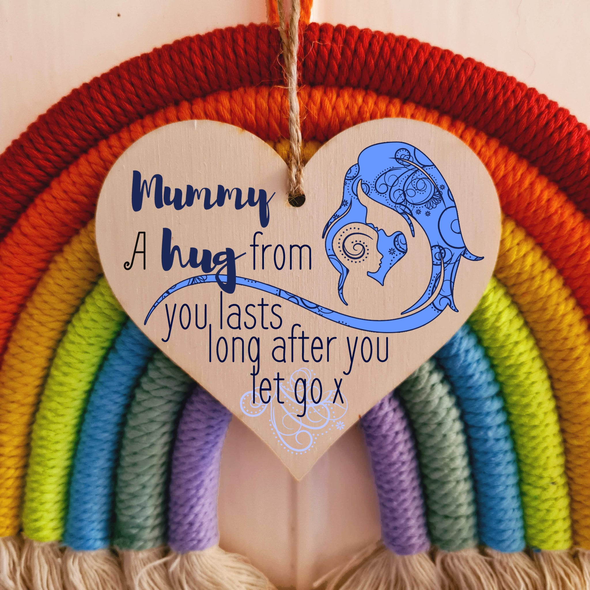 Handmade Wooden Hanging Heart Plaque Mother's Day Gift perfect for Mummy loving thoughtful special keepsake A hug from you lasts long after you let go card alternative from kids wall hanger