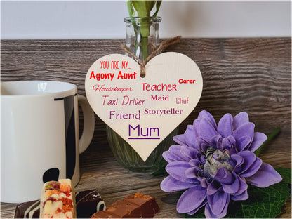 Handmade Wooden Hanging Heart Plaque Mother's Day Gift perfect for Mum fun inspirational keepsake Mum you are Friend Teacher Taxi Driver wall hanger card alternative from daughter son kids