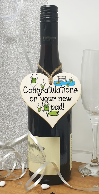 Handmade Wooden Hanging Heart Plaque Gift Congratulations on your New Pad for New Home House Warming New Couple Frog Design Present