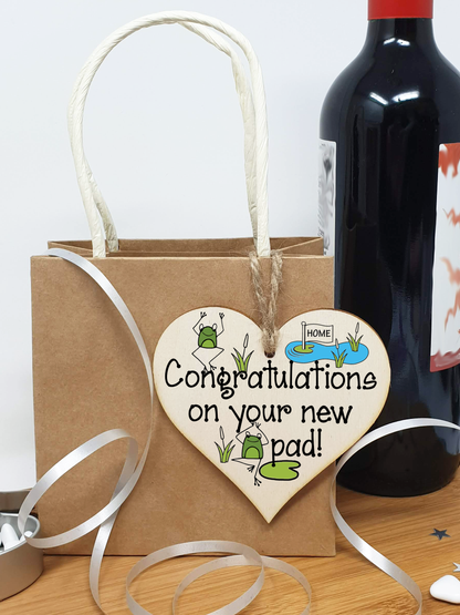 Handmade Wooden Hanging Heart Plaque Gift Congratulations on your New Pad for New Home House Warming New Couple Frog Design Present