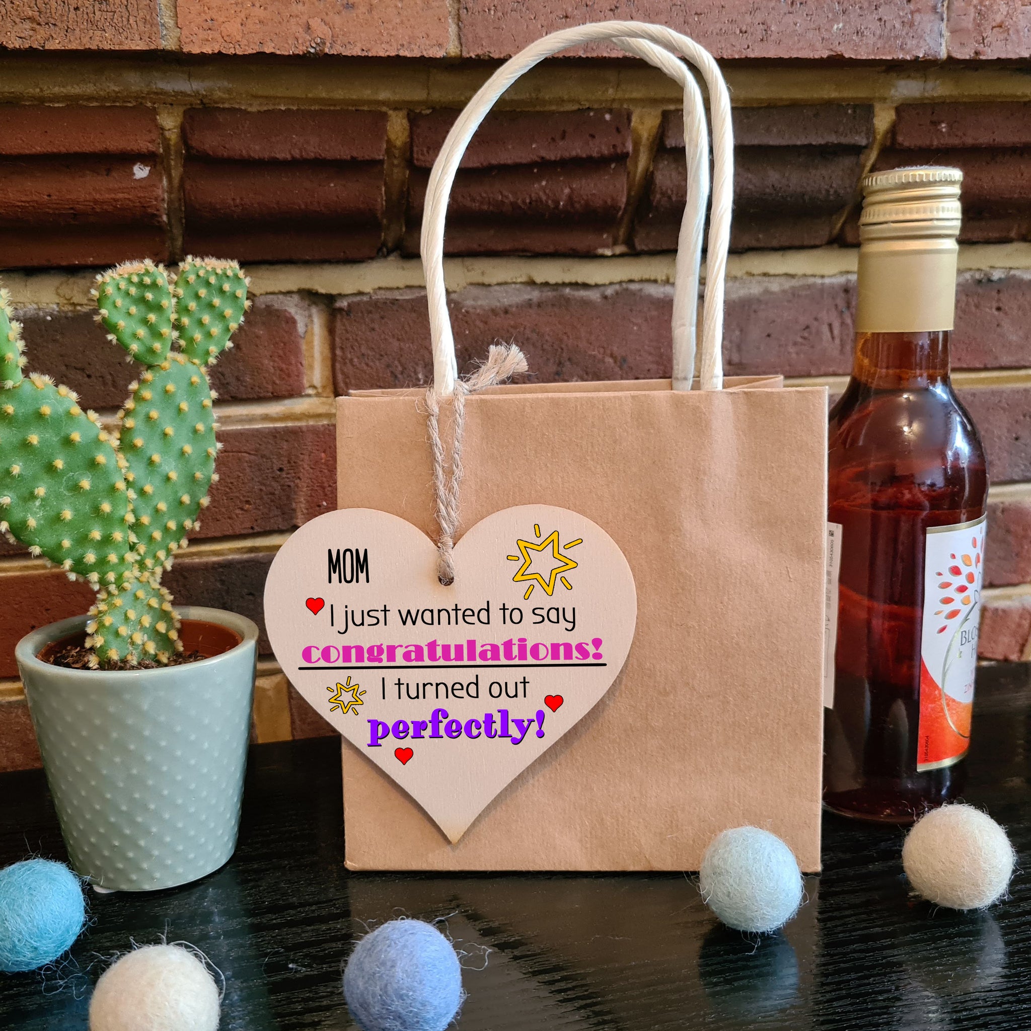 Handmade Wooden Hanging Heart Plaque Mother's Day Gift perfect for Mom novelty funny keepsake Congratulations I turned out perfect from daughter son children novelty card alternative
