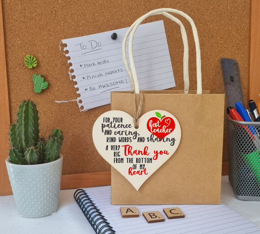Patience Caring Kind Words Sharing Thank You Hanging Heart Wooden End of Term Gift Card Alternative Teacher