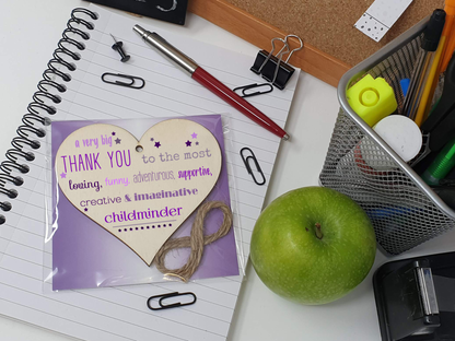 Handmade Wooden Hanging Heart Plaque Gift Very Big Thank You Childminder card alternative present from child funky wording