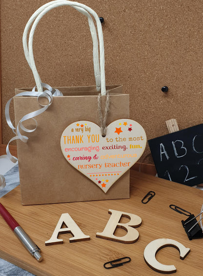 Handmade Wooden Hanging Heart Plaque Gift Very Big Thank You Nursery Teacher Careworker card alternative present from child funky wording