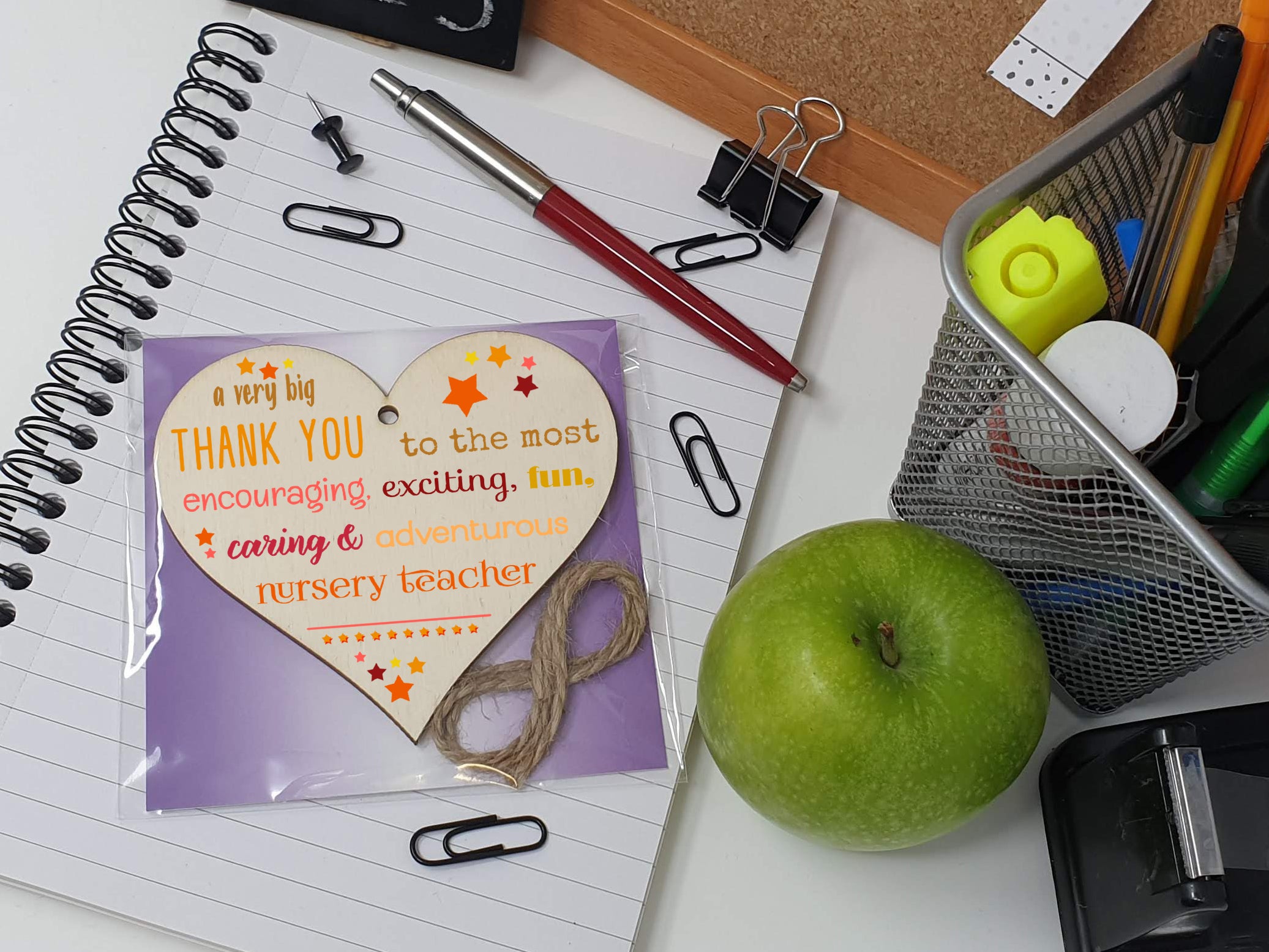 Handmade Wooden Hanging Heart Plaque Gift Very Big Thank You Nursery Teacher Careworker card alternative present from child funky wording