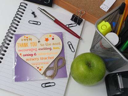 Handmade Wooden Hanging Heart Plaque Gift Very Big Thank You Nursery Teacher Careworker card alternative present from child funky wording