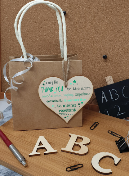 Handmade Wooden Hanging Heart Plaque Gift Very Big Thank You Teaching Assistant card alternative present from child funky wording