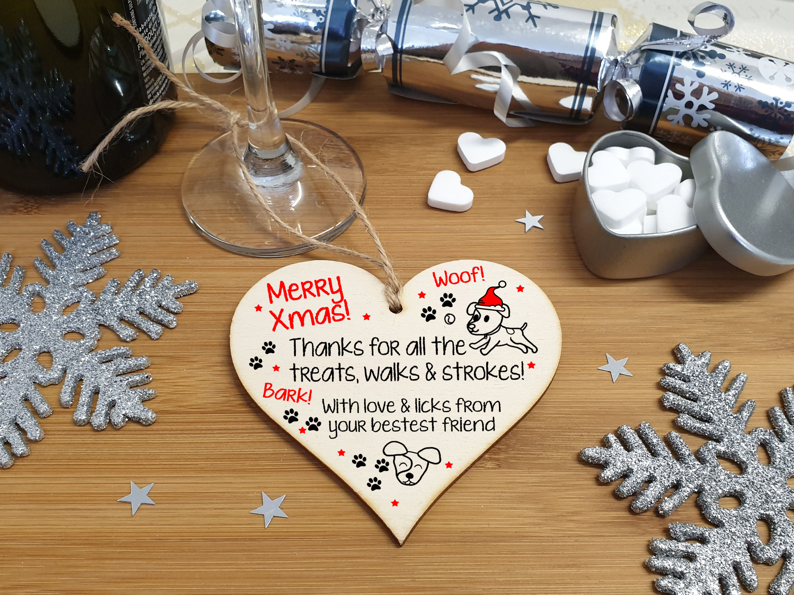 Handmade Wooden Christmas Hanging Heart Plaque Gift Merry Xmas Thanks for all the treats and walks from dog pet present dog mum dad paws cute novelty