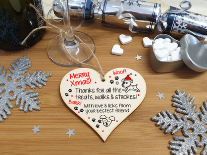 Handmade Wooden Christmas Hanging Heart Plaque Gift Merry Xmas Thanks for all the treats and walks from dog pet present dog mum dad paws cute novelty