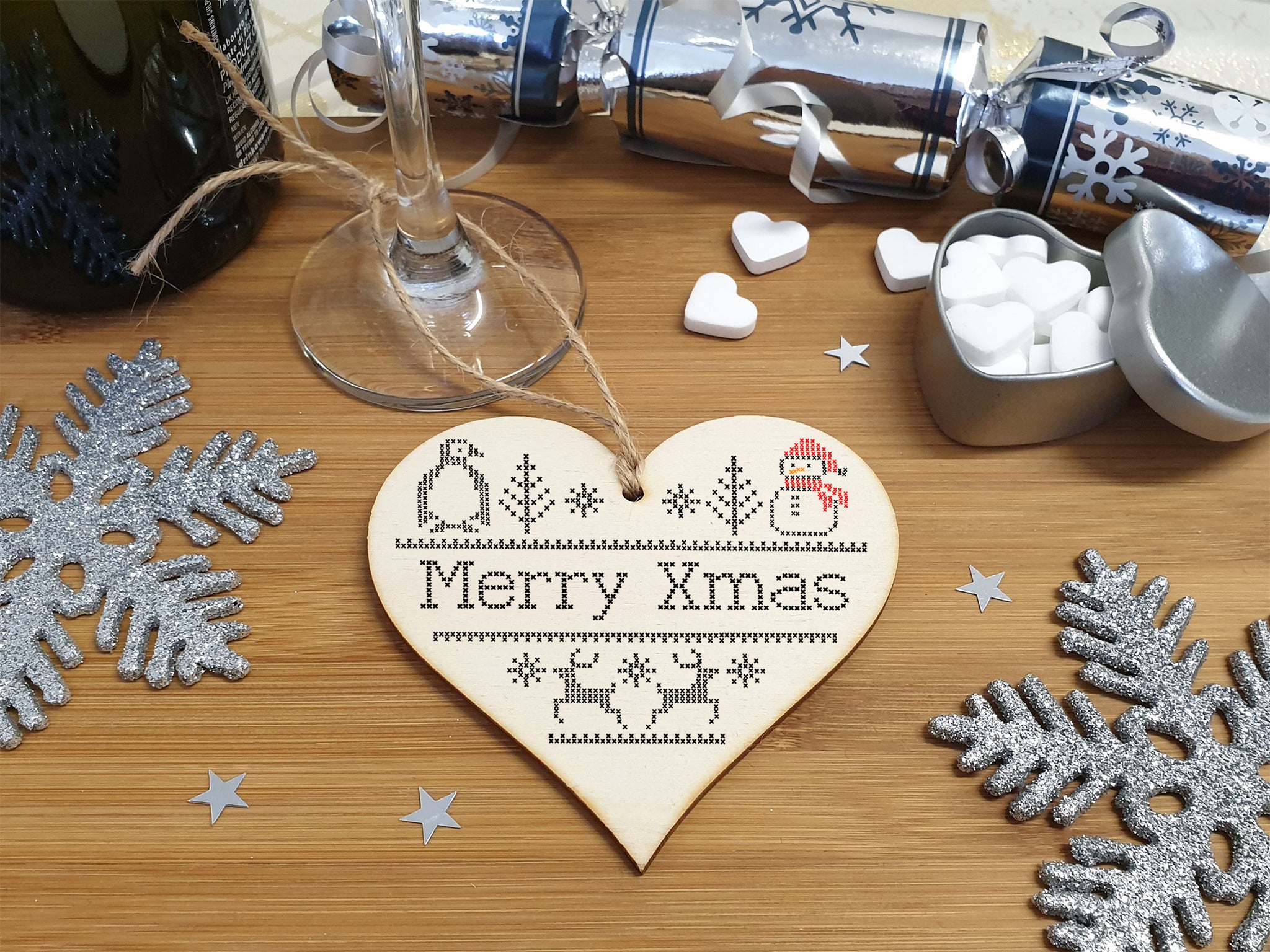 Handmade Christmas Hanging Wooden Heart Plaque Decoration Gift or Tag to wish someone special a merry xmas Cross Stitch Cute style festive bauble